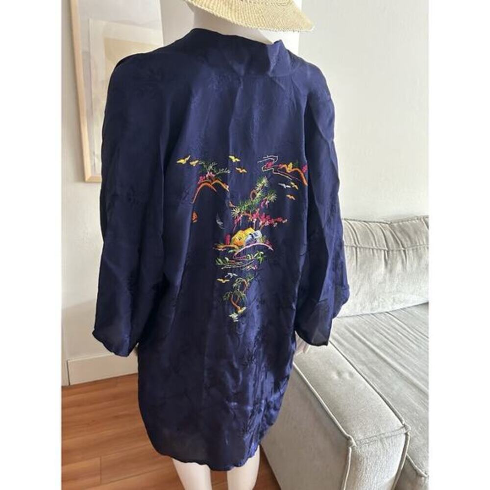 Vtg Golden Dragon Embroidery Kimono Robe Blue Size Festival Boho